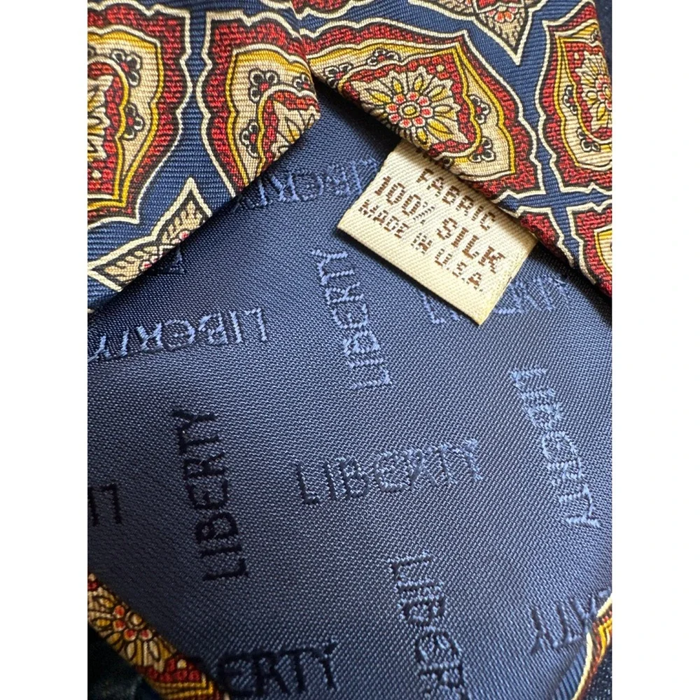 Vtg LIBERTY of London Silk Tie Floral Medallion Navy Red Gold Mens Necktie